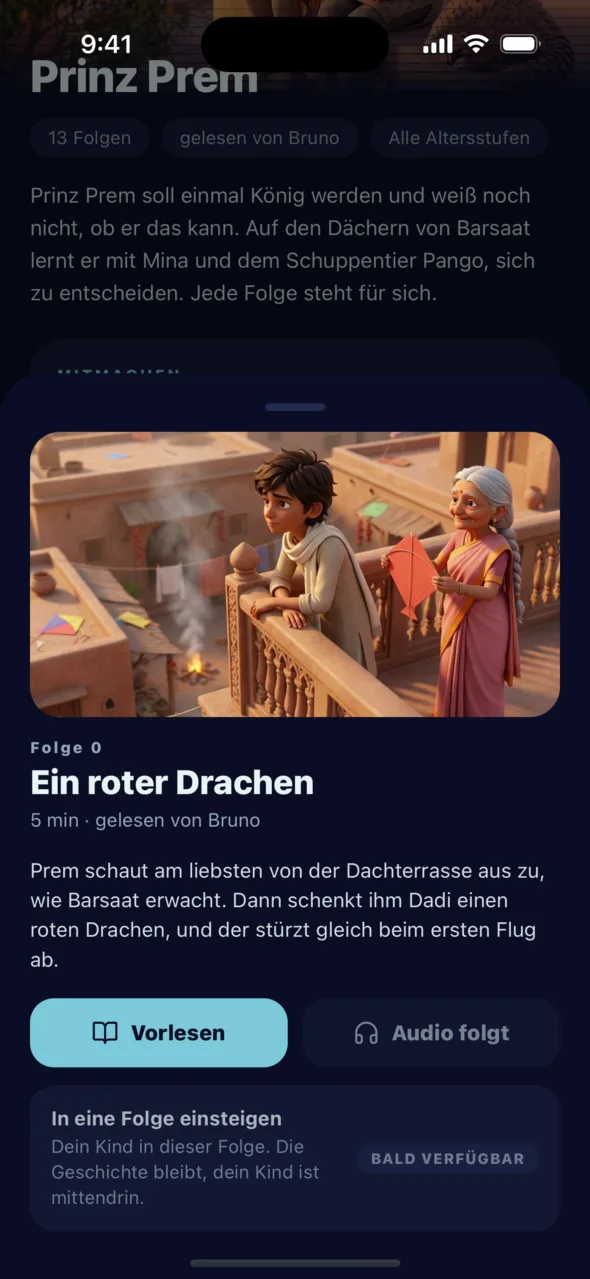 Eine Folge von „Prinz Prem“ in der App, zum Vorlesen und Anhören
