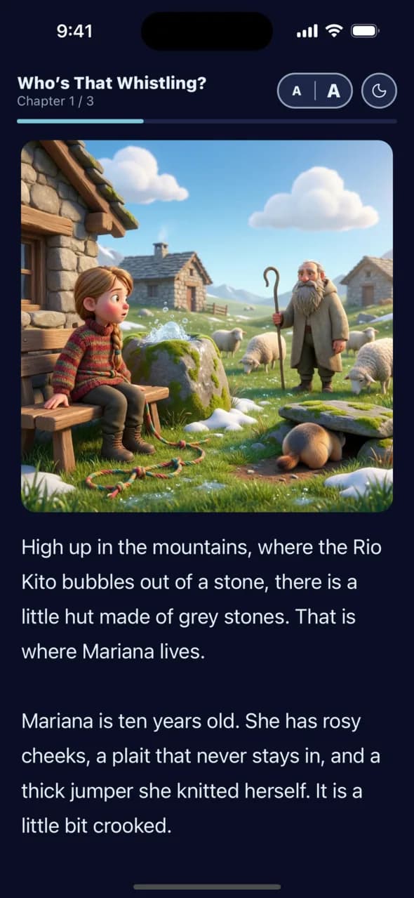 The app’s reading view with a picture and large type