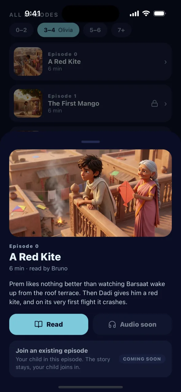 An episode of “Prince Prem” in the app, to read or to listen to